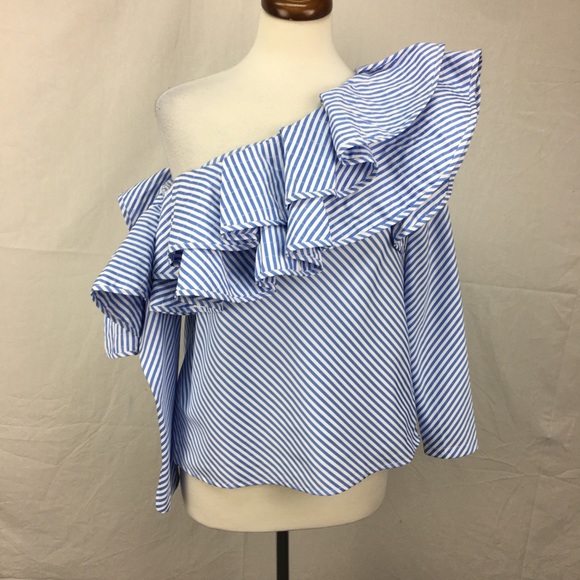 Chicwish Tops - Chicwish Blue Striped Ruffle LS Off Shoulder Top